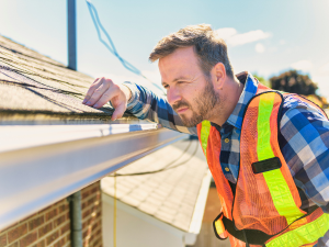 A professional roofer in Carlsbad inspecting a residential roof.